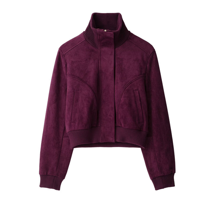 Damen Kurze Velours‑Optik‑Bomberjacke mit hohem Rippstehkragen und verdecktem Reißverschluss Drune
