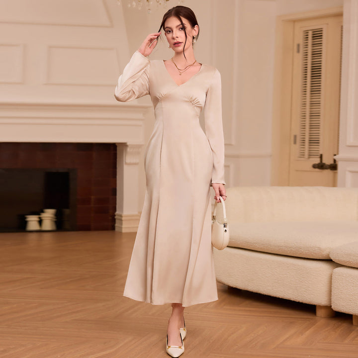Damen elegantes Midi-Kleid mit V-Ausschnitt und lange Ärmel Drune