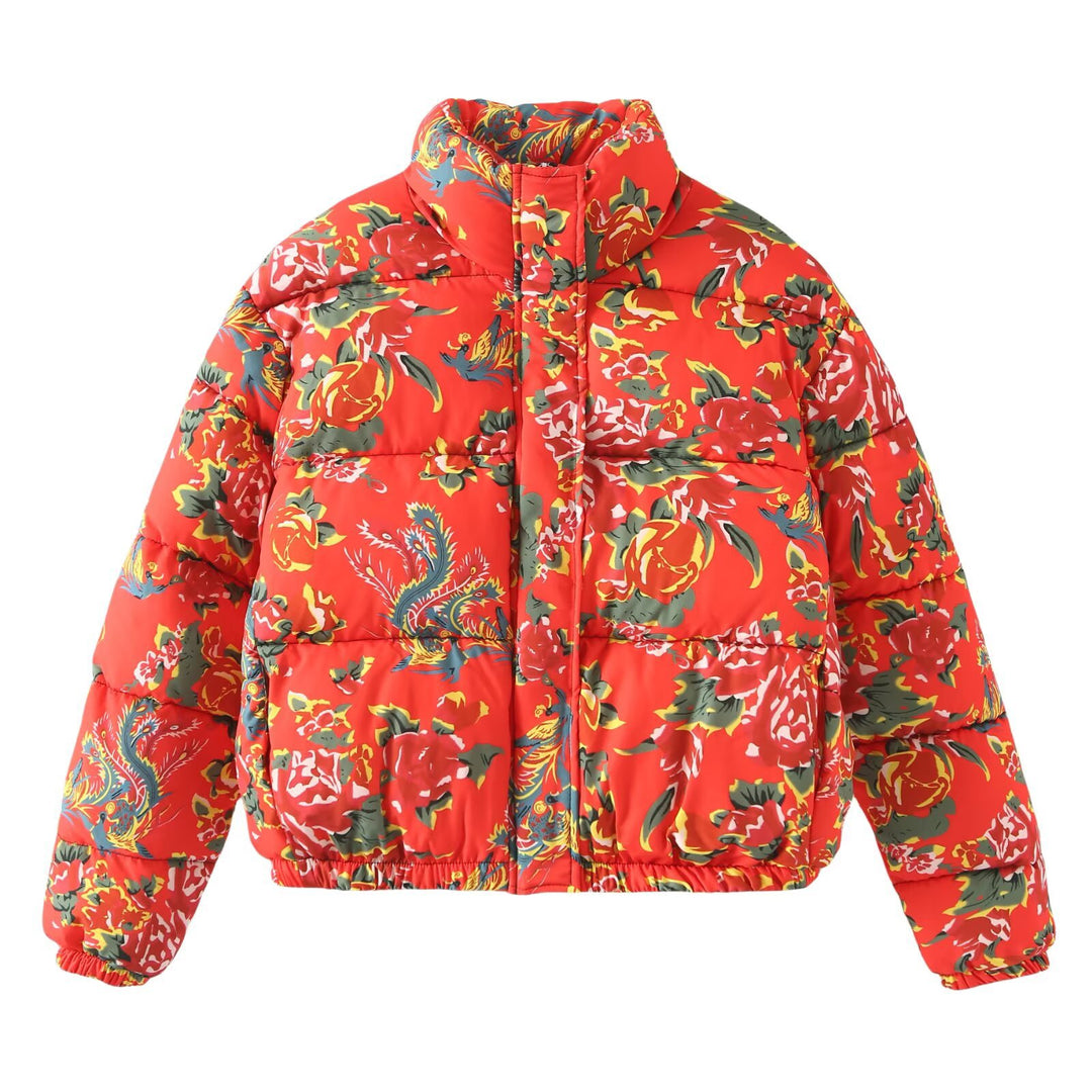 Damen Gesteppte Wattierte Kurzjacke mit floralem Alloverprint und Stehkragen Drune