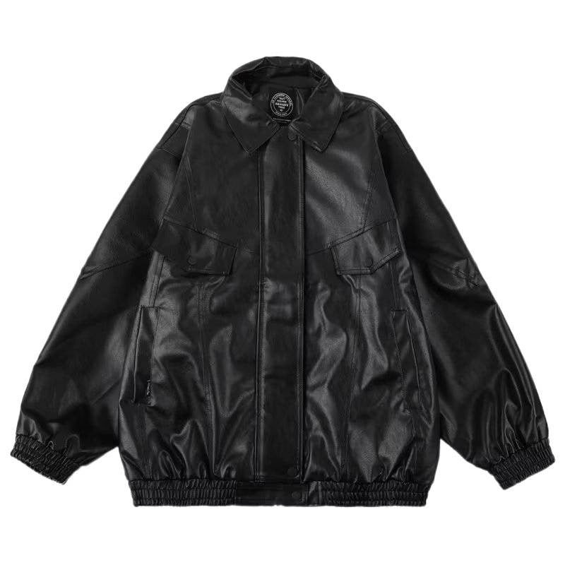 Herren Oversized Kunstleder Bomberjacke mit Pattentaschen Drune