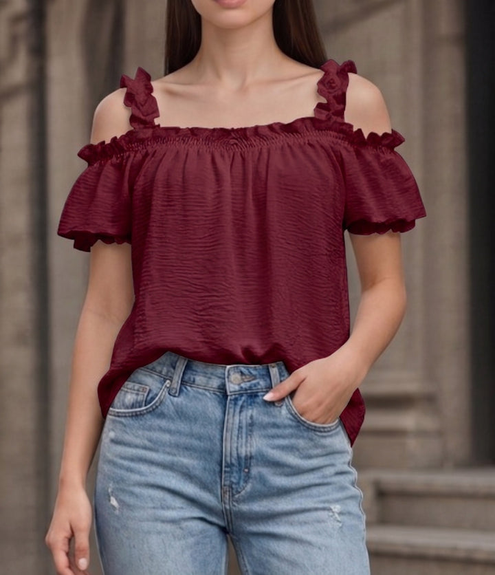Damen Schulterfreies Crinkle-Top mit Smok-Bandeau, Rüschen‑Trägern und Flügelärmeln Drune