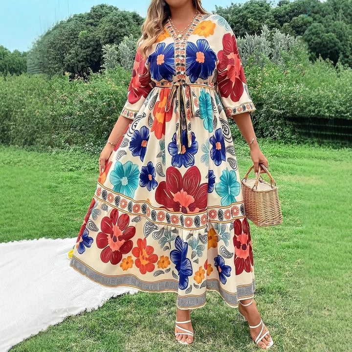 Damen Maxikleid mit buntem Blumendesign und Taillengürtel Drune