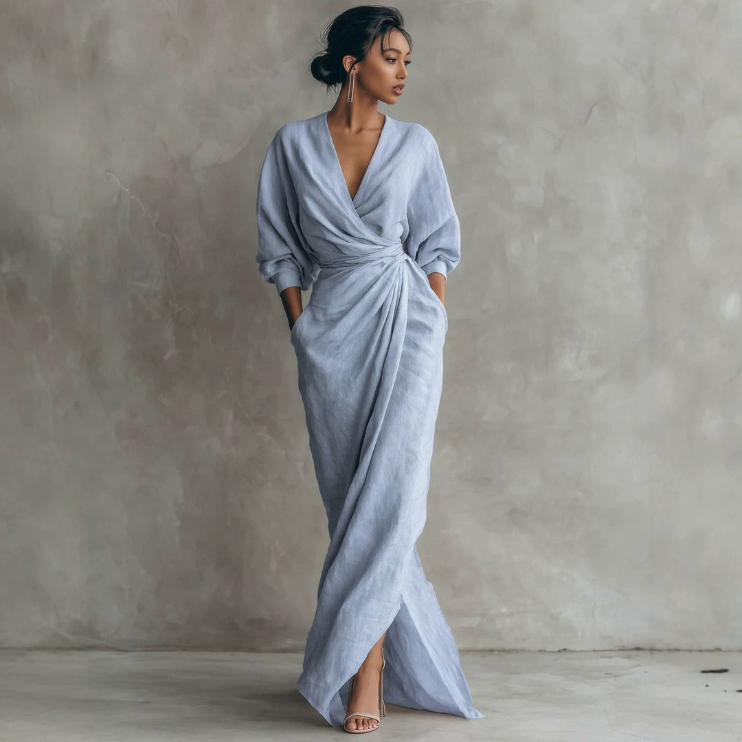 Damen Wickel-Maxikleid aus Leinenmix mit tiefem V-Ausschnitt und Ballonärmeln Drune