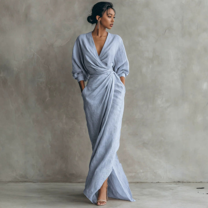 Damen Wickel-Maxikleid aus Leinenmix mit tiefem V-Ausschnitt und Ballonärmeln Drune