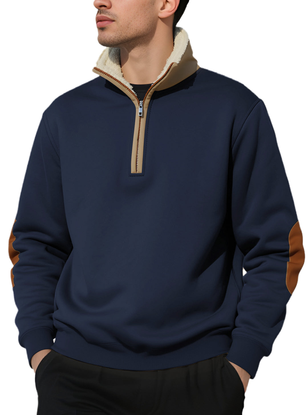 Herren nan legeres Halbzip-Sweatshirt mit Sherpagefüttertem Stehkragen und Kunstleder-Ellenbogenapplikation Drune