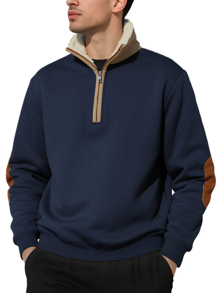 Herren nan legeres Halbzip-Sweatshirt mit Sherpagefüttertem Stehkragen und Kunstleder-Ellenbogenapplikation Drune