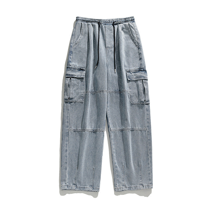 Herren Cargo-Freizeithose aus Baumwoll-Denim mit Tunnelzugbund, Kappnähten und aufgesetzten Klappentaschen Drune
