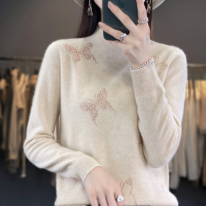 Damen Stehkragen-Feinstrickpullover mit Strass-Schmetterlingsapplikation Drune