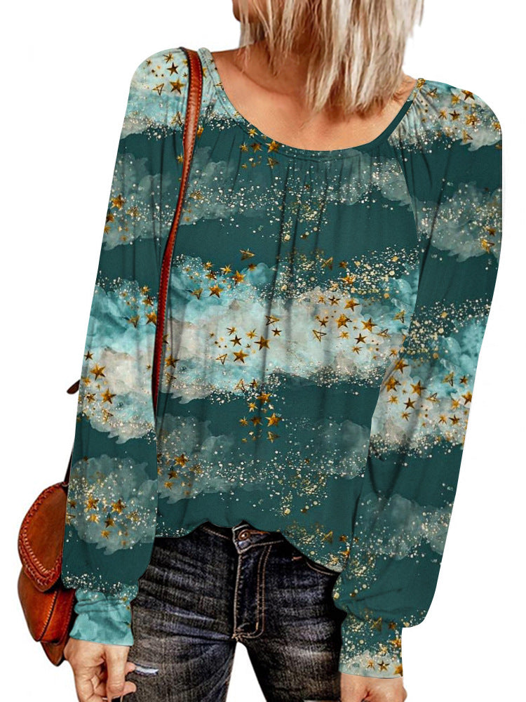 Damen Ethno-Print Oversize-Tunika mit Rundhalsausschnitt und langen Ballonärmeln Drune
