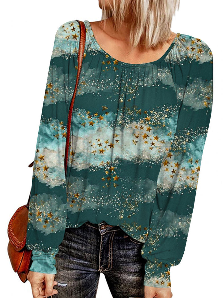 Damen Ethno-Print Oversize-Tunika mit Rundhalsausschnitt und langen Ballonärmeln Drune