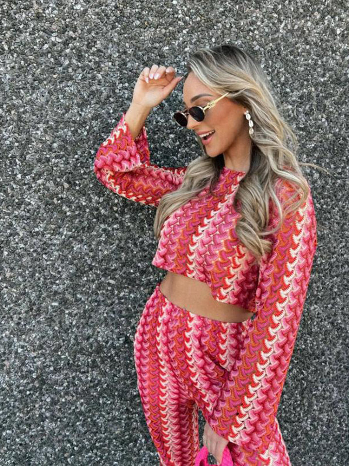Damen Gehäkeltes zweiteiliges Lounge-Set mit kurzem Pullover und hochtaillierter Palazzo-Hose Drune