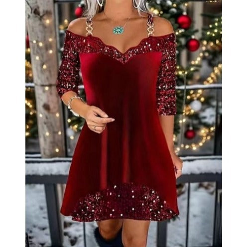 Damen nan schulterfreies Pailletten-Swingkleid mit zierlichen Ketten‑Trägern, halblangen Ärmeln und Volantbesatz Drune