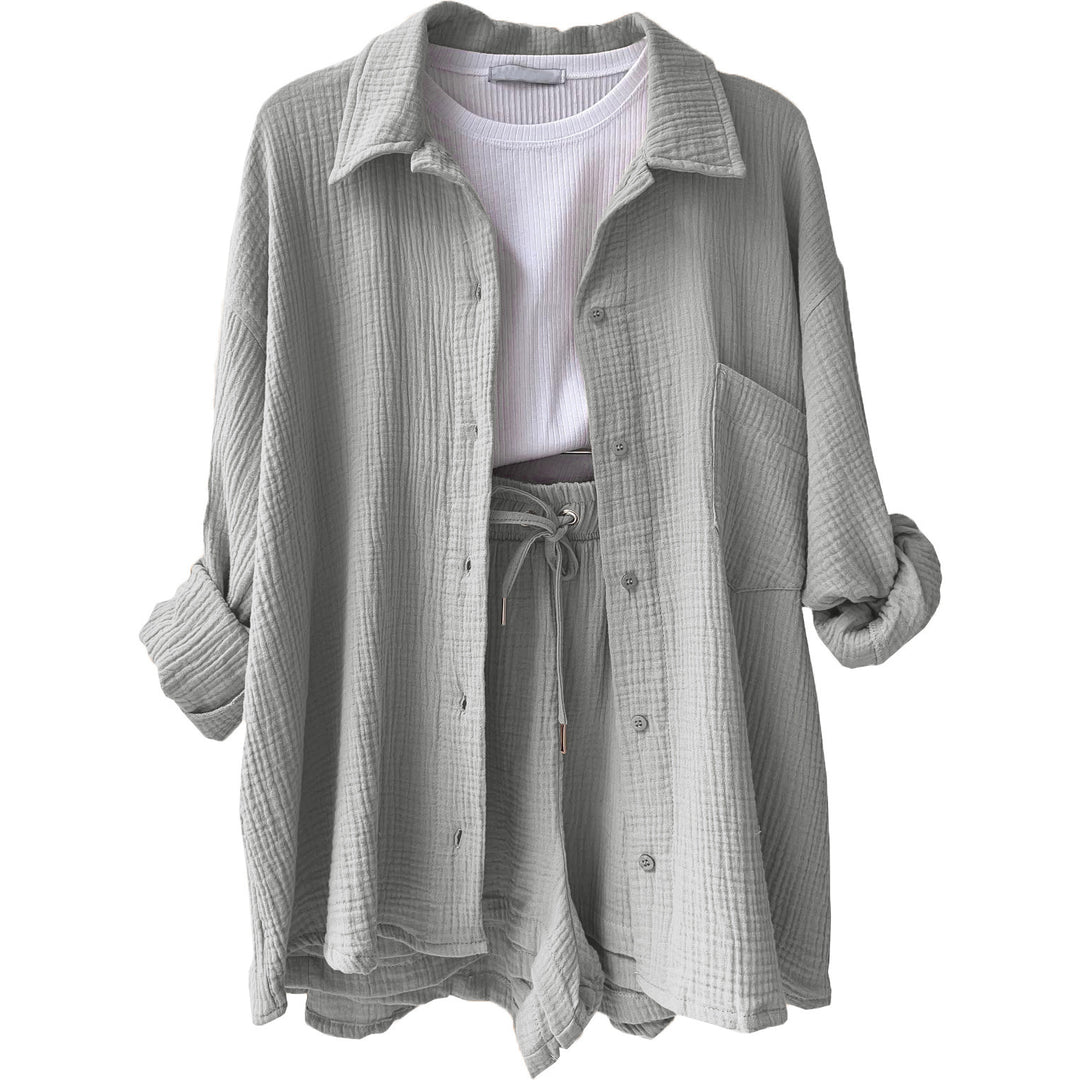 Damen nan lässiges oversized Hemd und Shorts Set mit Brusttasche Kordelbund und gerauter Baumwollstruktur Drune