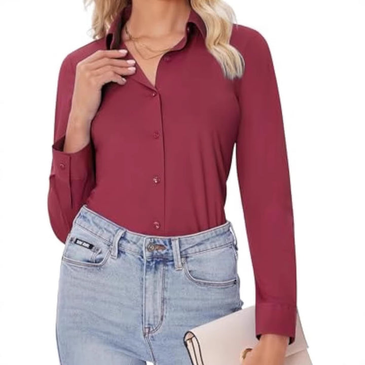 Damen Klassische Viskose-Stretch Hemdbluse mit Kentkragen und Manschetten Drune