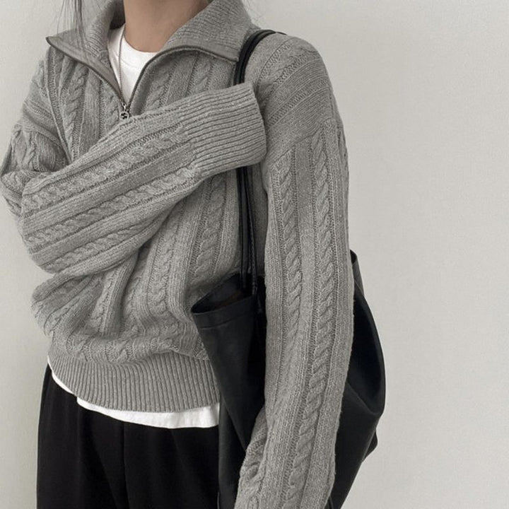 Damen kuscheliger Zopfpullover mit halbem Reißverschluss und breiten Bündchen Drune