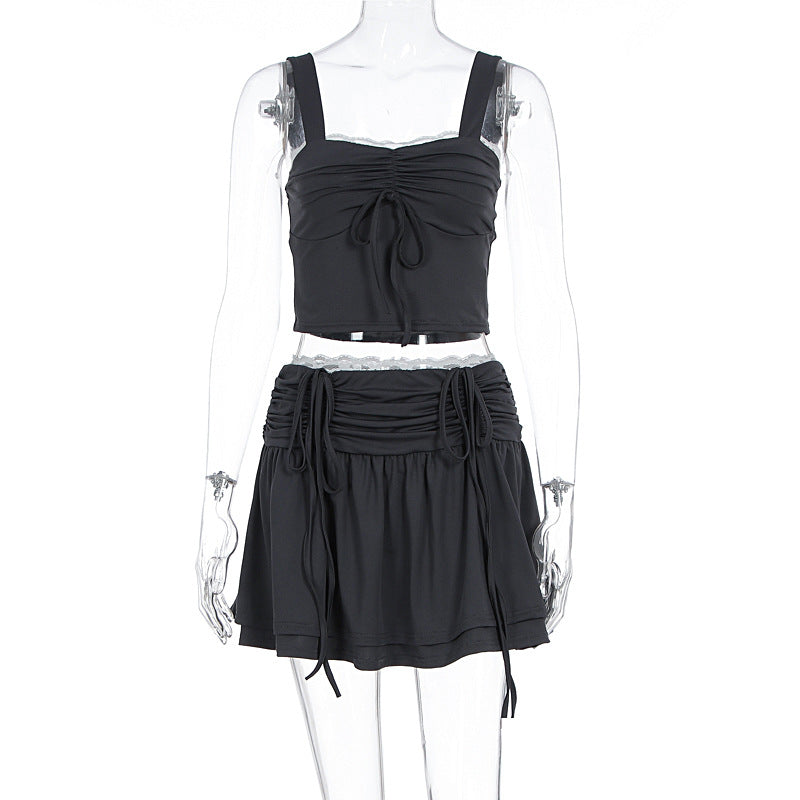 Damen modisches Crop-Top und Rock Set mit Raffungen und Bindedetails Drune