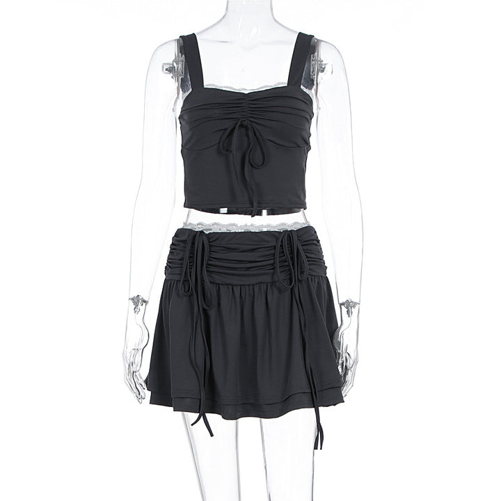 Damen modisches Crop-Top und Rock Set mit Raffungen und Bindedetails Drune
