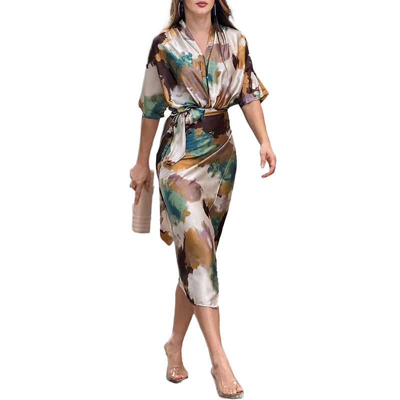 Damen Wickelkleid mit elegantem Kimono-Ärmel und Taillengürtel Drune