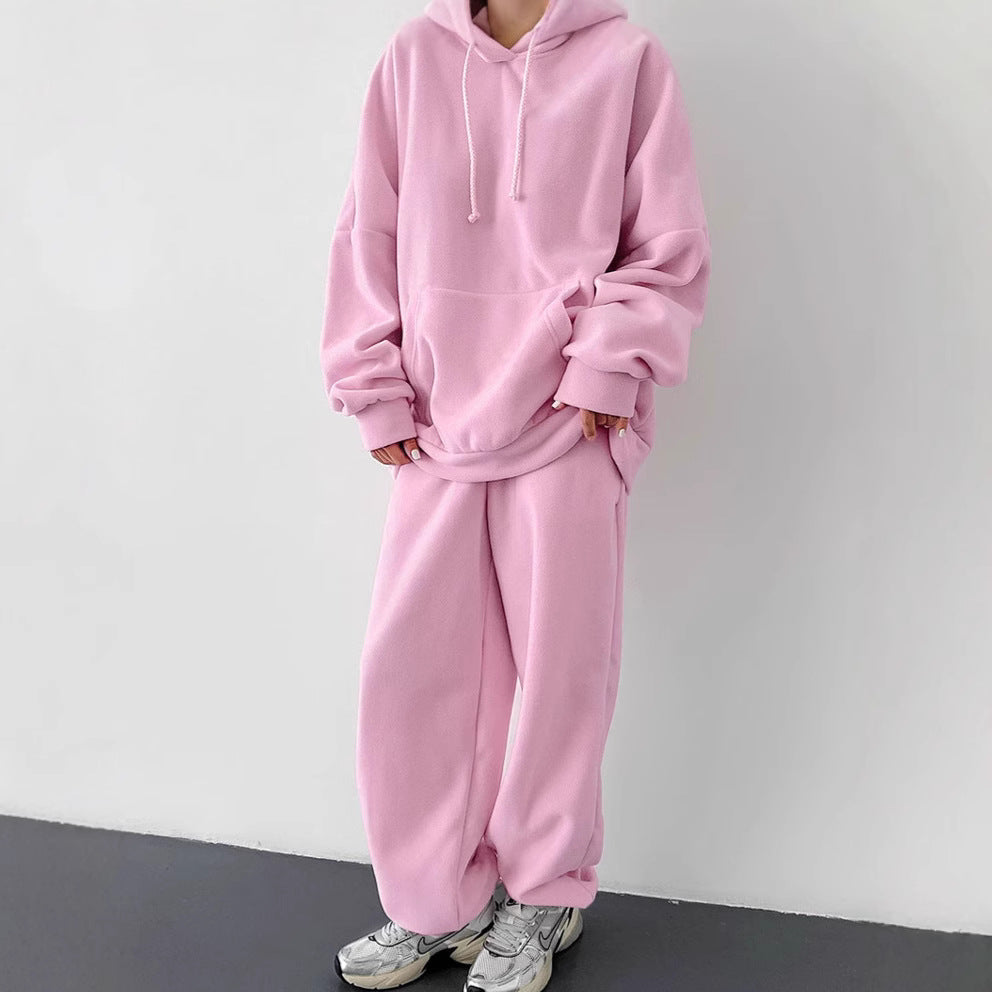 Damen Fleece Lounge-Set mit weiten Beinen und Kapuze Drune