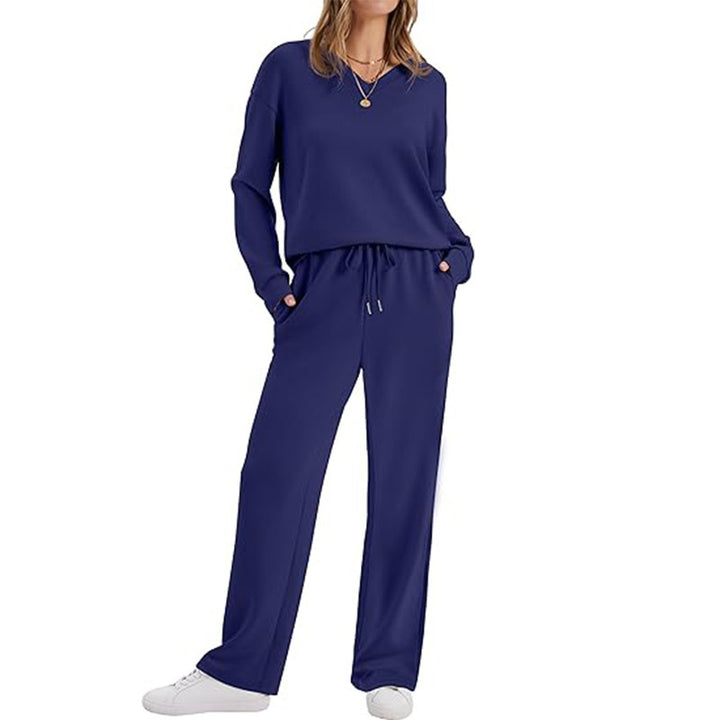 Damen Lässiges Lounge-Set mit V-Ausschnitt-Sweatshirt und weiten Tunnelzug-Hosen Drune