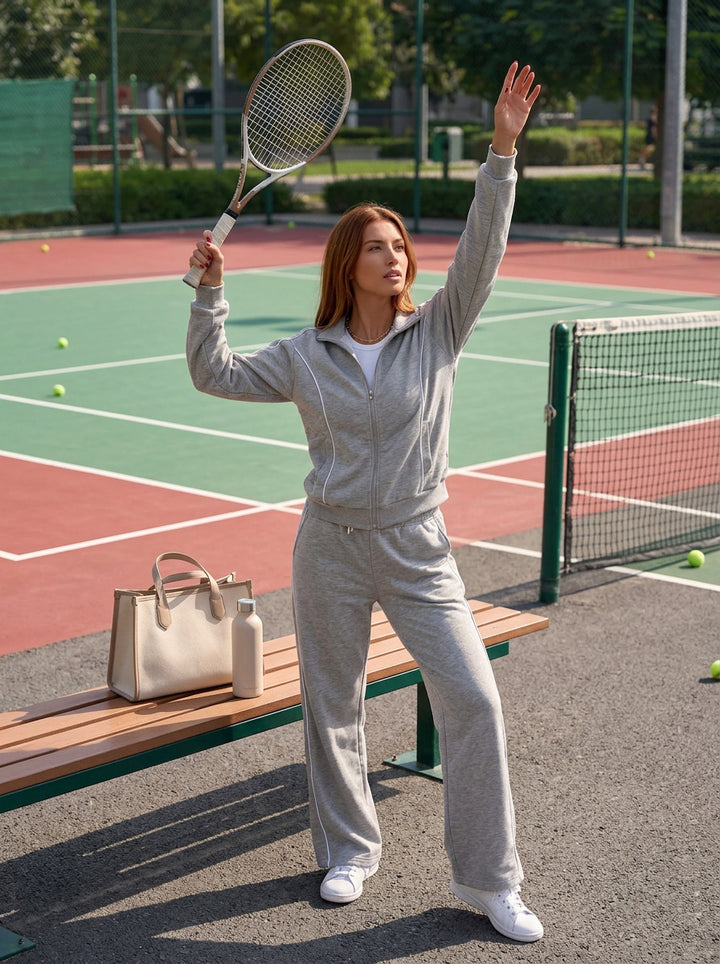 Damen sportliches Trainingsset mit stylischem Reißverschluss und modernem Streifenmuster Drune