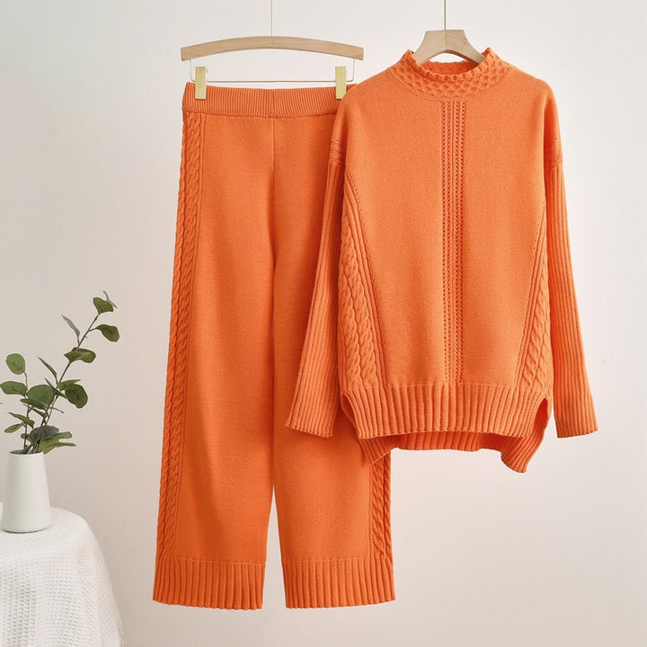 Damen komfortables Strick-Loungewear-Set mit hohen Bündchen und dekorativen Zopfmustern Drune