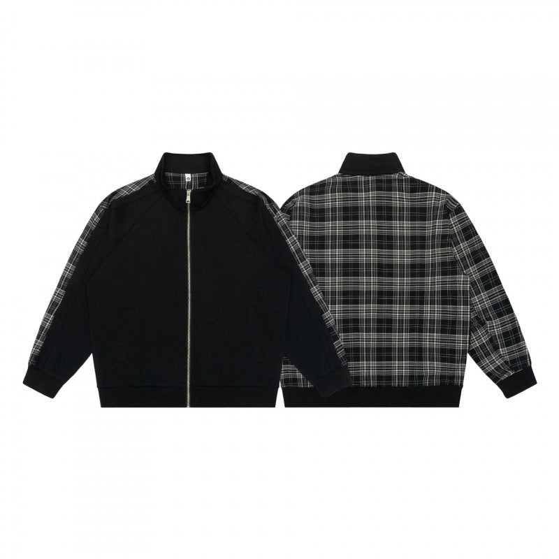 Unisex Kurz geschnittene Zip-Jacke im Boxy-Style mit Karo-Ärmeltape und Stehkragen Drune