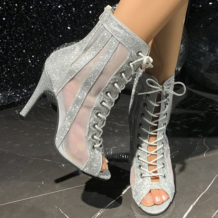 Damen Glitzer‑Peeptoe Ankle‑Boots mit Mesh‑Einsätzen, Schnürung und Seitenreißverschluss Drune