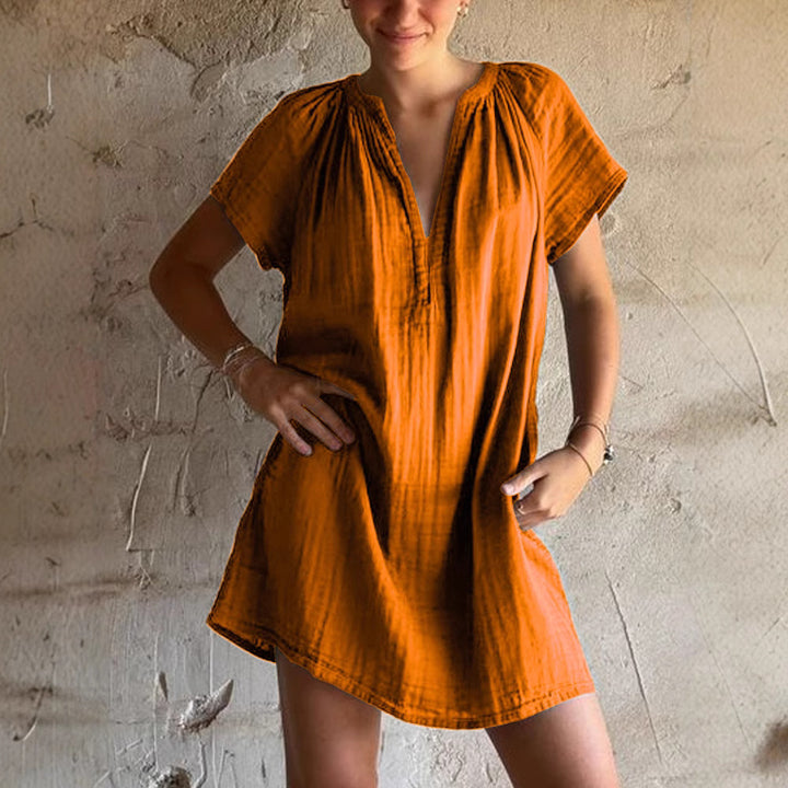 Damen lässiges Tunika-Kleid mit tiefem V-Ausschnitt und Raffung Drune
