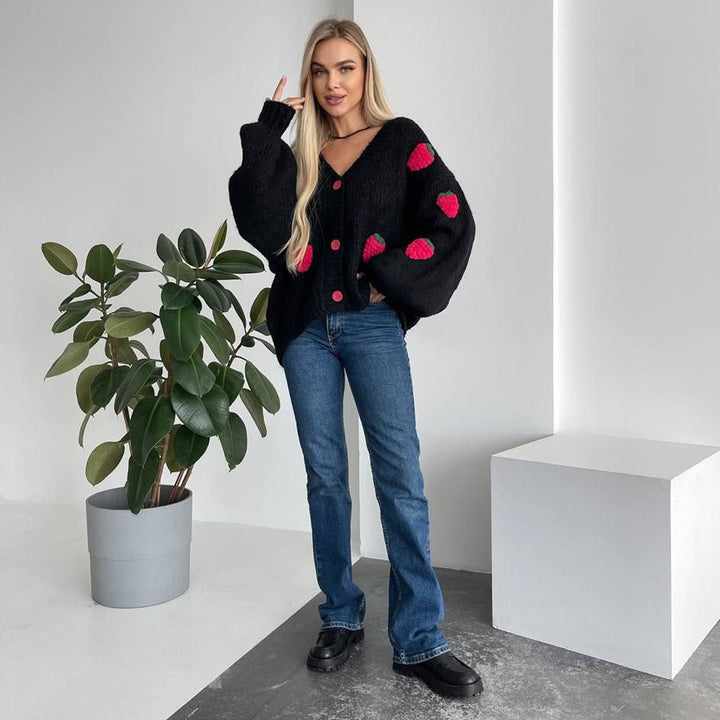 Damen Strickjacke mit verspieltem Erdbeermuster und weiten Ärmeln Drune