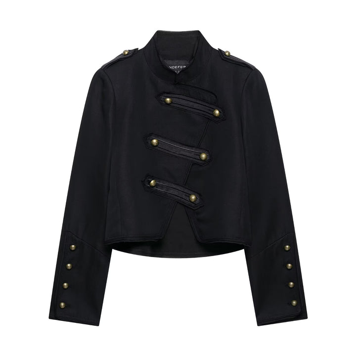 Damen Kurzgeschnittene militärisch inspirierte Jacke mit Stehkragen, Zierpatten und Metallknöpfen Drune