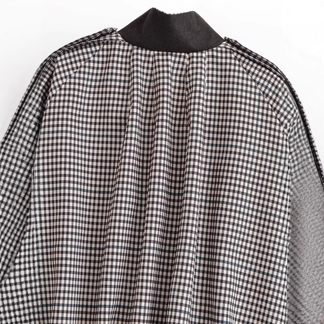 Damen Karierte Cropped-Boxy-Jacke mit Stehkragen, Pattentaschen und elastischem Saum Drune
