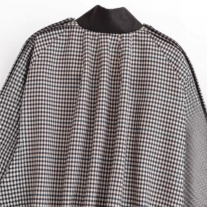 Damen Karierte Cropped-Boxy-Jacke mit Stehkragen, Pattentaschen und elastischem Saum Drune