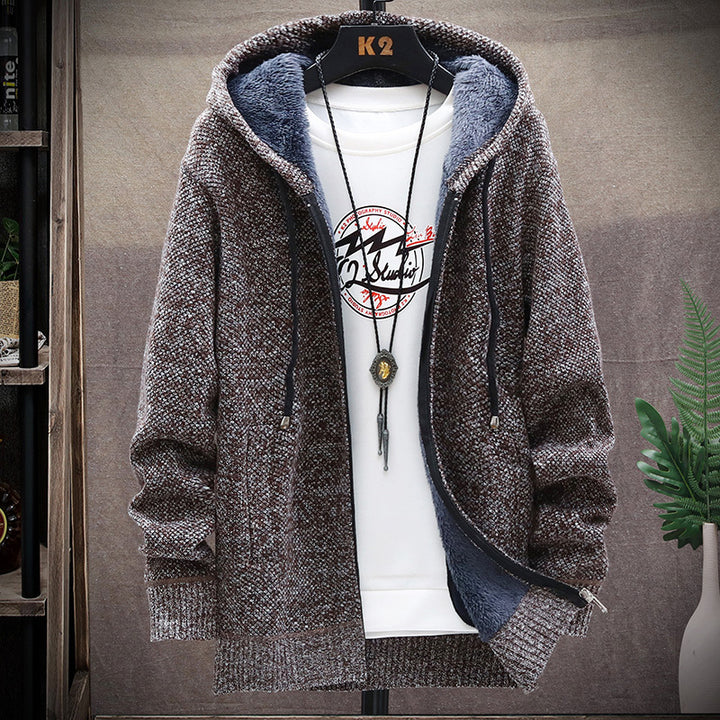 Herren nan gefütterte Strick-Kapuzensweatjacke mit Teddyfutter, durchgehendem Reißverschluss und Kängurutaschen Drune