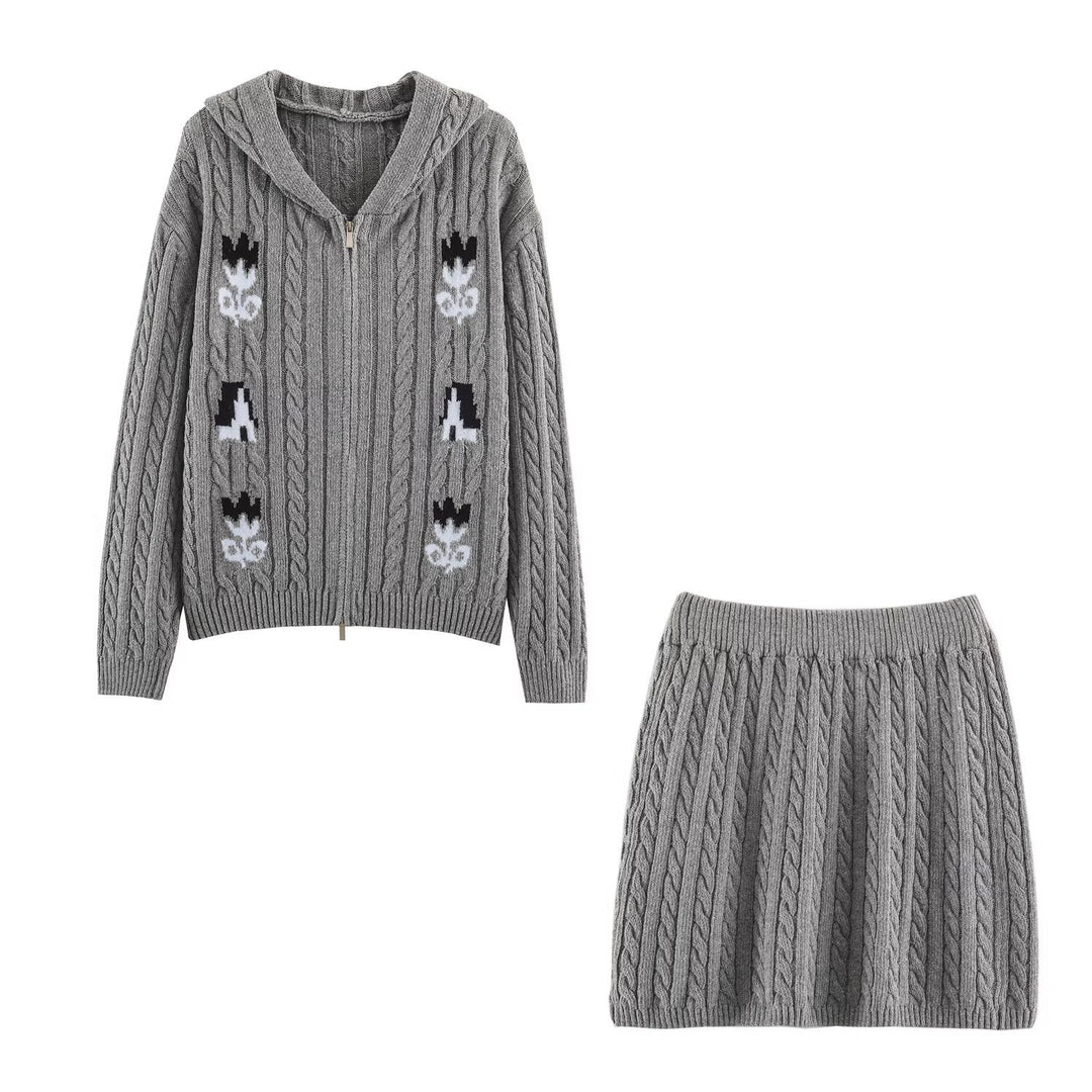 Damen Zweiteiliges Strick-Set mit Zipper-Kapuzenjacke und kurzem Zopfmuster-Rock Drune