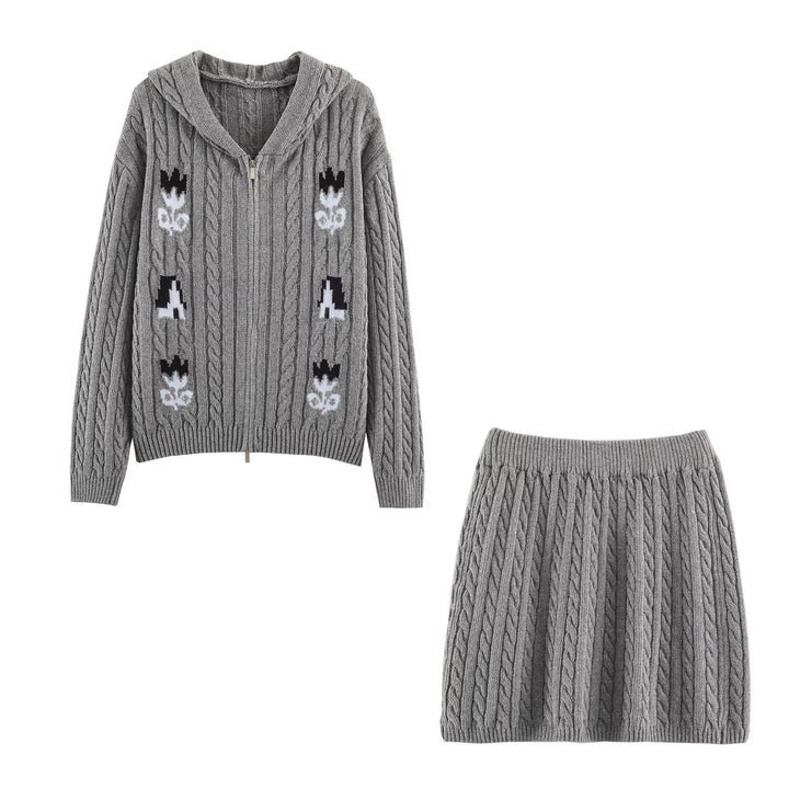 Damen Zweiteiliges Strick-Set mit Zipper-Kapuzenjacke und kurzem Zopfmuster-Rock Drune