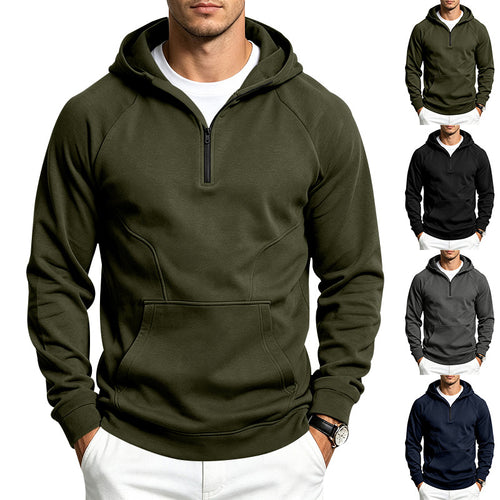 Herren Kapuzenpullover mit halbem Reißverschluss, sportlich-slim Fit und Kängurutasche Drune