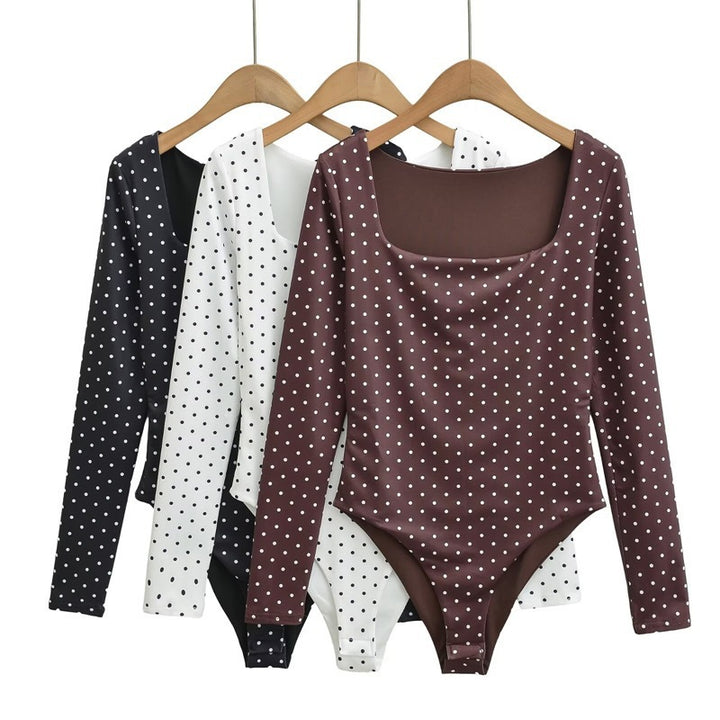 Damen Langärmeliger Body mit quadratischem Ausschnitt und Pünktchenprint Drune