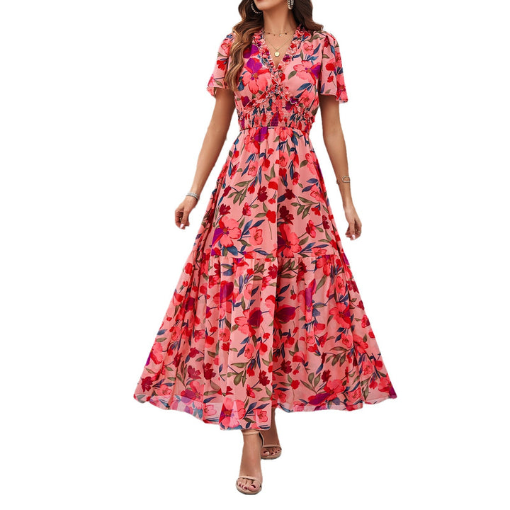 Damen Midi-Kleid mit floraler Raffung und elegantem V-Ausschnitt Drune
