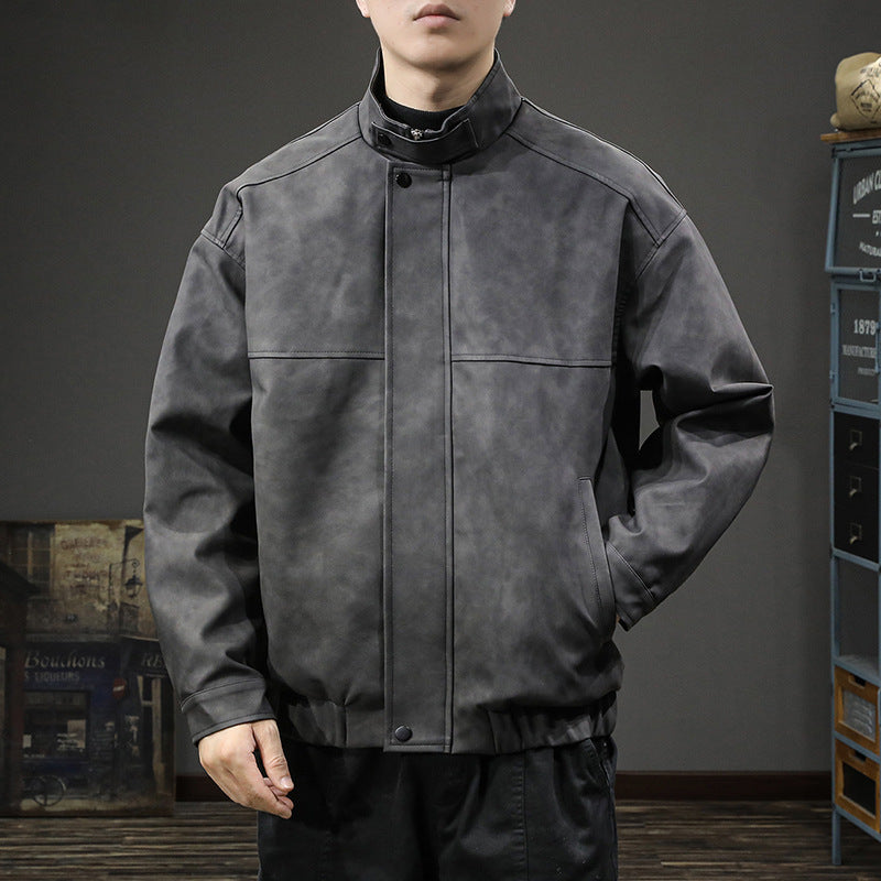 Herren stylische Kunstlederjacke mit hochgeschlossenem Kragen und praktischen Taschen Drune