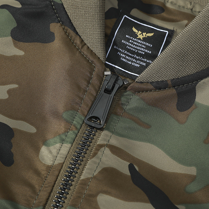 Herren Piloten-Bomberjacke im Camouflage-Design mit Ärmel-Reißverschlusstasche und Sicherheitsband Drune
