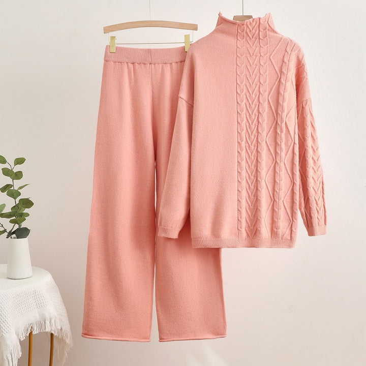Damen gemütliches Strick-Loungewear-Set mit hochgeschlossenem Kragen Drune