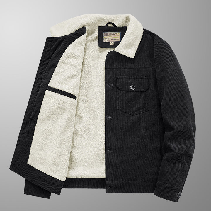 Herren Cord-Truckerjacke mit Sherpa-Innenfutter, Brustpattentasche und geradem Saum Drune