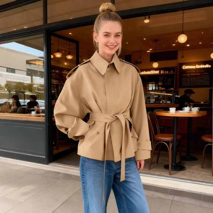 Damen Kurz‑Trenchjacke mit Taillengürtel, Schulterklappen und Pattentaschen Drune