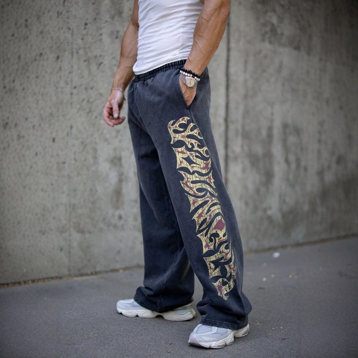 Herren nan weite Jogginghose mit elastischem Bund, Seitentaschen und detailreichem Schädel- und Rosenmotiv Drune