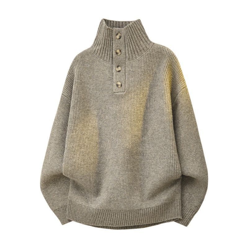 Damen Oversize Grobstrick-Pullover mit Knopfleiste am Stehkragen und Raglanärmeln Drune
