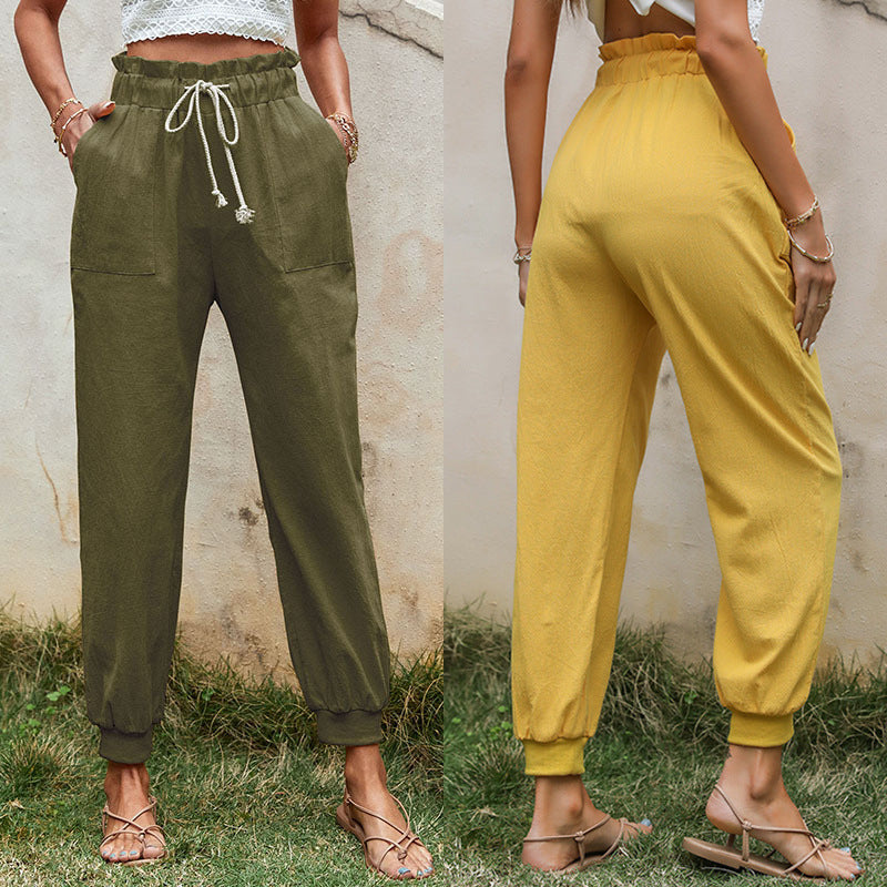 Damen Leichte Paperbag-Joggerhose mit Kordelzug, hohen Bundfalten und elastischen Bündchen Drune