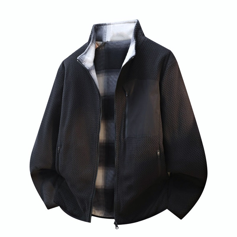 Herren strukturierte Fleece-Overlayerjacke mit kontrast-Brusttasche und Zwei-Wege-Reißverschluss Drune