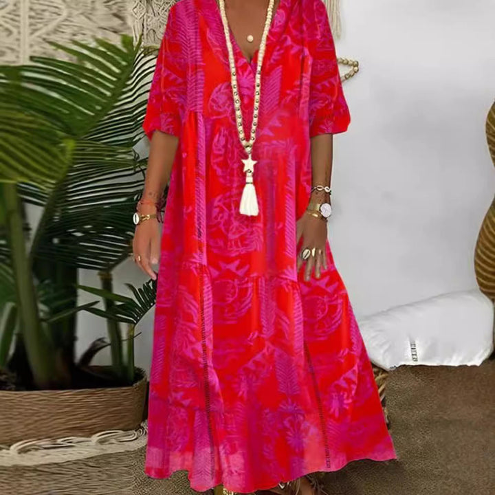 Damen nan Boho-Langkleid mit tiefem V-Ausschnitt, Stufenschnitt und legerer Oversize-Passform Drune