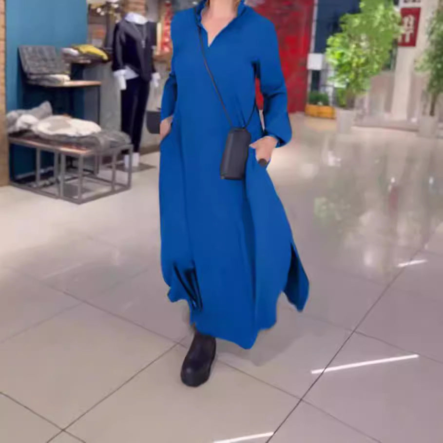 Damen nan fließendes Maxikleid mit V-Ausschnitt, kastiger A-Linie und langen Ärmeln Drune